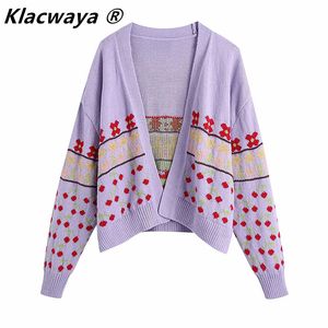 Kvinnor Sweet Cherry Print Open Stitching Stickad Sweater Kvinna Chic Färg Match Patchwork Loose Cardigans Toppar 210521