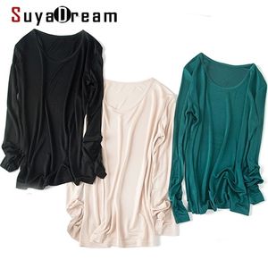 Suyadream 여성 기본 셔츠 진짜 실크 티셔츠 단단한 긴 소매 O 넥 건강한 탑 가을 겨울 와인 210330