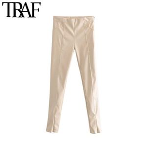 TRAF Women Vintage Stylish Faux PU Leather Skinny Pants Fashion Side Zipper Elastic Waist Stretch Slim Fit Female Ankle 210915