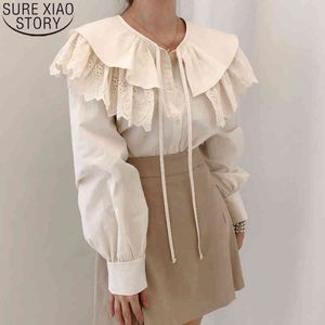 Koreanisches, schickes, besticktes, hohles Hemd, doppellagige Bluse mit Puppenschleife, süße Vintage-beiläufige, elegante Langarm-Damenoberteile 12718 210417