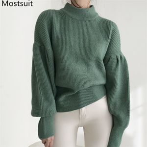 Thick Casual Puff Sleeve Women Knitted Pullovers Jumpers Autumn Winter O-neck Warm Soft Loose Female Solid Sweater Tops 210518