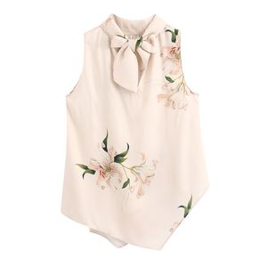 H.SA Blouse Women Summer Bow Tie Neck Elegant Print Female Sleeveless Casual Ladies Chic Satin OL Shirts Tops 210417