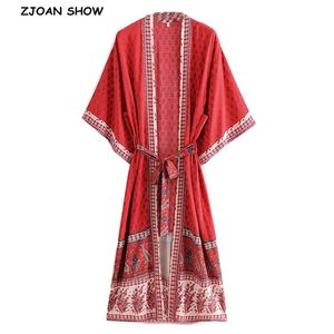 Bohemia V neck Red Floral Print Long Kimono Shirt BOHO Ethnic Lacing up Bow sleeve Cardigan Holiday Blouse Loose 210429