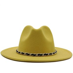 Cor sólida vintage elegante mulheres australiano faux lã dura borda larga feltro feltro fedora chapéus homens festa jazz tampão com corrente dourada