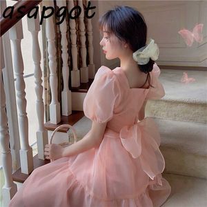 Dresses Temperament Sweet V Neck Back Bow Pink Puff Short Sleeve Mesh Dress Women Organza Slim Waist Swing Vestido De Mujer 210610