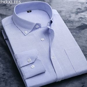 Klasik Gökyüzü Mavi Çizgili Oxford Gömlek Erkekler Slim Fit Düğme Aşağı Elbise Gömlek Erkek Uzun Kollu Iş Rahat Gömlek Erkek 210522