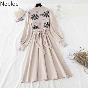 NEPLOE Korean Vintgae Dress Fashion Patchwork Stickad Fake Två Vestidos Hög midja Lace Up Slim Robe Klänningar för Kvinnor 4G654 210422