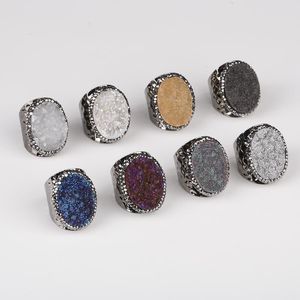 Wholesale oval pave ring for sale - Group buy Cluster Rings Big Oval Multi Colors Rough Druzy Stone Bead Charm Pave Rhinestone Wide Wrap Hammered Gunblack Resizable Open Ring Cuff Women