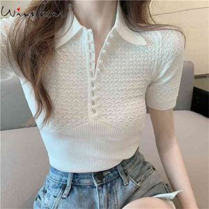 Crochet Sweater Womens Pearls Turn-down Collar White Tops Pullovers Fashion Spring Knitwears T06503B 210421