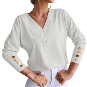 Damen-Blusen, Hemden, lockeres Damen-Oberteil, einfarbig, V-Ausschnitt, Herbst, Langarm, Pullover, elegante Bluse für den täglichen Gebrauch, Kleidung, Rosa, XL