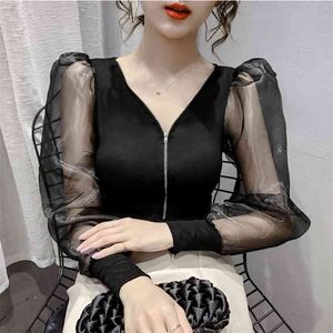 Spring Autumn Women's Blouse Mesh Stitching Sexy V-neck Long-sleeved Top Korean Style Zipper Slimming Puff Sleeve Tops GX226 210507