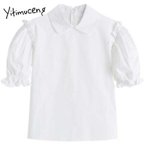 Yitimuceng White Bluzka Kobiety Koszulki Puff Sleeve Turn-Down Kołnierz Krótki Rękaw Prosta Solidna Moda Słodkie Topy 210601