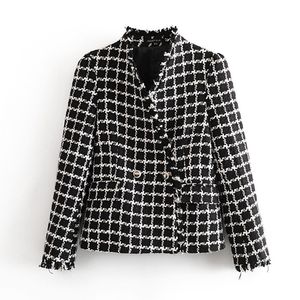 Vintage Tweed Plaid Jackets Women Fashion Casual V Neck Coats Elegant Ladies Double Breasted Outerwear 210520