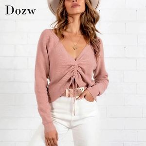 Mulheres Chic V Neck Drawstring Camisola Sólida Casual Manga Longa Pullover Jumper Feminino Feminino Moda Pink Tops 210414