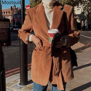 Corduroy Single-breasted Belted Women Blazer Winter Long Sleeve Notched Collar Chic Korean Vintage Female Jacket Coat Femme 210513