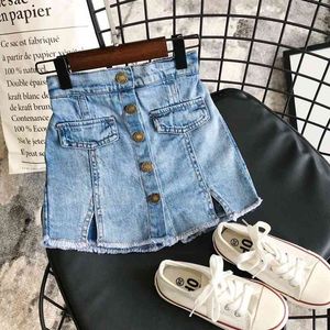 2021 Lato Baby Girl Spódnica Moda Dzieci Denim Solidna Kolor Przycisk Dżinsy Spodenki Culottes Girls Odzież na 3-7T dzieci 210331