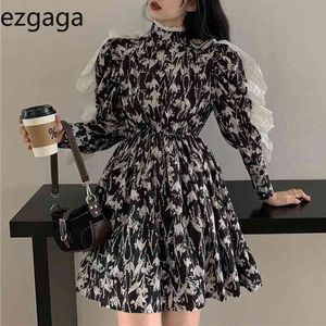 Ezgaga vintage manga comprida mulheres vestido laço floral impresso primavera estiramento alta cintura elegante vestidos coreanos moda vestidos 210430
