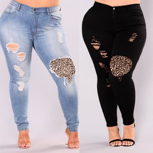 Women Hole Leopard Patch Large Size Pencil Jeans Streetwear Distressed Skinny Ankle Length Patchwork
