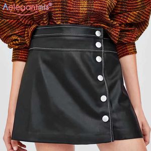 AELEGANTMIS Coreano Slim Faux Couro Saia Mulheres Cintura Alta Escritório Lady Pu Mini Feminino Casual Uma linha Botão S 210607