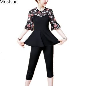 Summer Chiffon Two Piece Sets Women Plus Size Flare Sleeve Tunic Tops And Cropped Pants Suits Casual Office Elegant Women's 210513