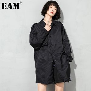 [Eam] mulheres bolso preto tamanho grande blusa lapela manga longa solta cabem camisa moda primavera outono 1dd6956 21512