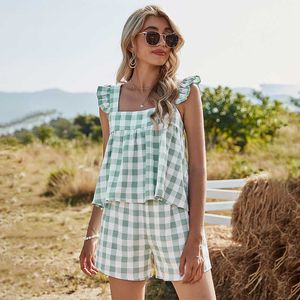 Women Plaid Print Sweet Loose Casual Two Piece Sleeveless Square Collar Ladies Tops Elastic Waist Straight Shorts Suits 210608