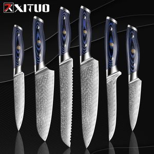 Xituo 1-6pcs facas conjunto Damasco chef faca afiada japonesa sankotu cutelo desossa gyuto faca de cozinha g10 lidar com ferramenta de cozimento