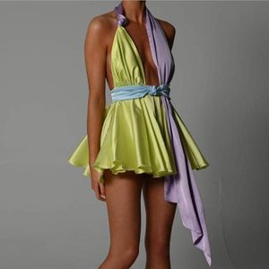 Przypadkowe sukienki mieszane pastelowe satynowe styl halterowy mini sukienka kobiety z węzeł szczegółowy wielo kolor obniżony backless club flary P865