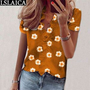 Plus Size Shirt Casual Slim Short Sleeve Floral Printing V-Neck Womens Clothes Fashion Small Fresh Style Vetement Femme 210515