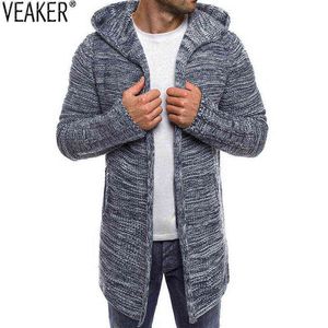 2020 Neue Männer mit langer Kapuzenpullovermännchen männliche Festkörper Herbstpullovercoat Outerwear Casual Cardigans Strickwear M-2xl Y1106