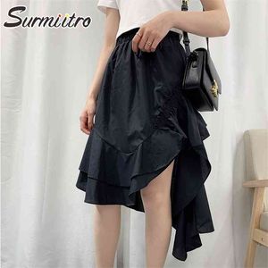 Spring Summer Irregular Midi Skirts Women Elegant Korean Style Ruffles Aesthetic High Waist Pleated Skirt Female 210421
