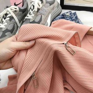 Polo Lapel Podwójny Zipper ICE Silk Sweter Damskie Topy Cardiagns Krótki Rękaw Summer Th Casual Half-Sleeved T-shirt Cardigan 210420