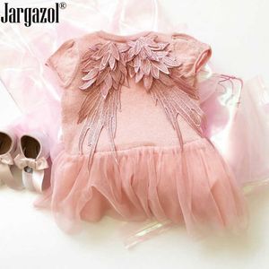 Одежда для девочек набор с коротким рукавом розовое цветное платье с крылом мода прохладный принцесса летнее платье высокое качество детская одежда Q0716