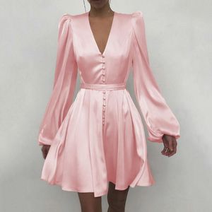 Casual Sukienki 2021 Wiosna Solidna Kolor Sexy Mini Dress V Neck High Waist Line Latarnia Z Długim Rękawem Kwiatowy Druku Kobiety Vintage Spódnica