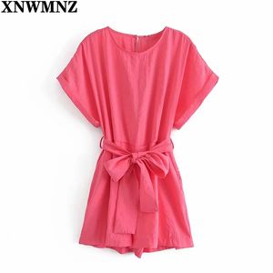 Women Pink belted playsuit Female round neck short sleeves Summer jumpsuit Fashion Woman's Playsuit 210520