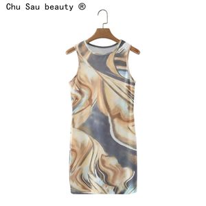 Tie-dye printed vest dress women's summer round neck stretch sleeveless bag hip mini women 210514