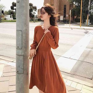 A- line Dress Korean Sweater Spring Woman Knitted Female Long Sleeve Loose Vintage Office Lady 900G 210420