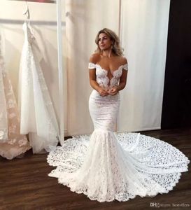 Elegant Full Lace Mermaid Bröllopsklänningar Sexig Sheer Backless Med Knappar Av Axel Långtåg Brud Bröllopsklänningar DWJ0224