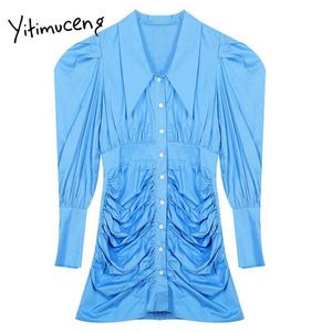 Yitimuceng Folds Button Sukienki Kobiety Mini A-Line Solidna Spring Rękaw Puff Single Breasted V-Neck Clothing Office Lady 210601