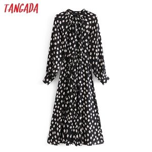 Tangada Spring Fashion Women Geometry Print Bow Tie Shirt Dress Long Sleeve Office Ladies Midi With Slash 3A61 210623