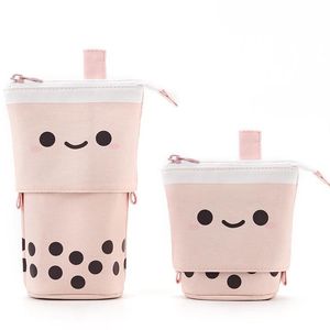 Drop-down pencil bags cute milk tea smiley face multifunctional pen holder stationery storage bag retractable pencils case