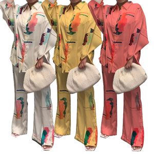 女性のラウンジウェア寝室の女性家庭用女性衣料品セットカジュアルな2つの部分セットホーム服長袖シャツトップスワイドレッグパンツ