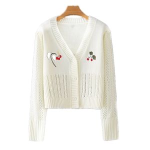 HSA Women Sweet Floral Embroidered Knitted Sweater V-Neck Full Sleeve cardigan Short Cropped Cardigans Knitwear 210417