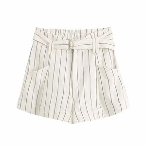 Kvinnor Sommar Casual Striped Shorts Med Bälte Mode Hög Midja Lösa Kort Byxor Chic Kvinna Streetwear Femme 210421