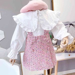소녀 세트 가을 아이 옷 큰 칼라 인형 긴 소매 셔츠 + 조끼 드레스 2pcs 한국 스타일 어린이 의류 210515