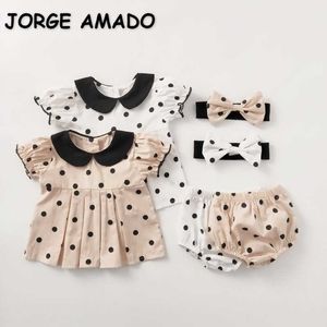 Summer Kids Girls 3-pcs Sets Polka Dot Dress + Shorts Headwear Casual Style Children Clothes E6024 210610