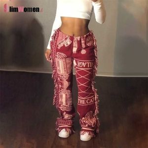 Vintage Side Tassels Patchwork Striped Print Jogger Pant Women Rave Festival Clothing Casual Streetwear Bodycon Sweat Pants 211124