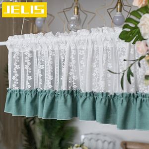 American Country Style Peacock Green Cotton Linen Splice Crochet Lace Edge Cafe Curtain Multi-function Decorative Short & Drapes