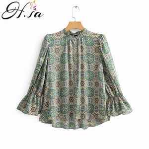 H.SA blusa para mulheres verde vintage solto tops oneck círculo verão camisas florais impressas moda jumpers 210417