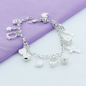 925 Sterling Silver Moon Heart Lock Cross Bracelet For Men Woman Charm Wedding Engagement Party Fashion Jewelry 1280 T2